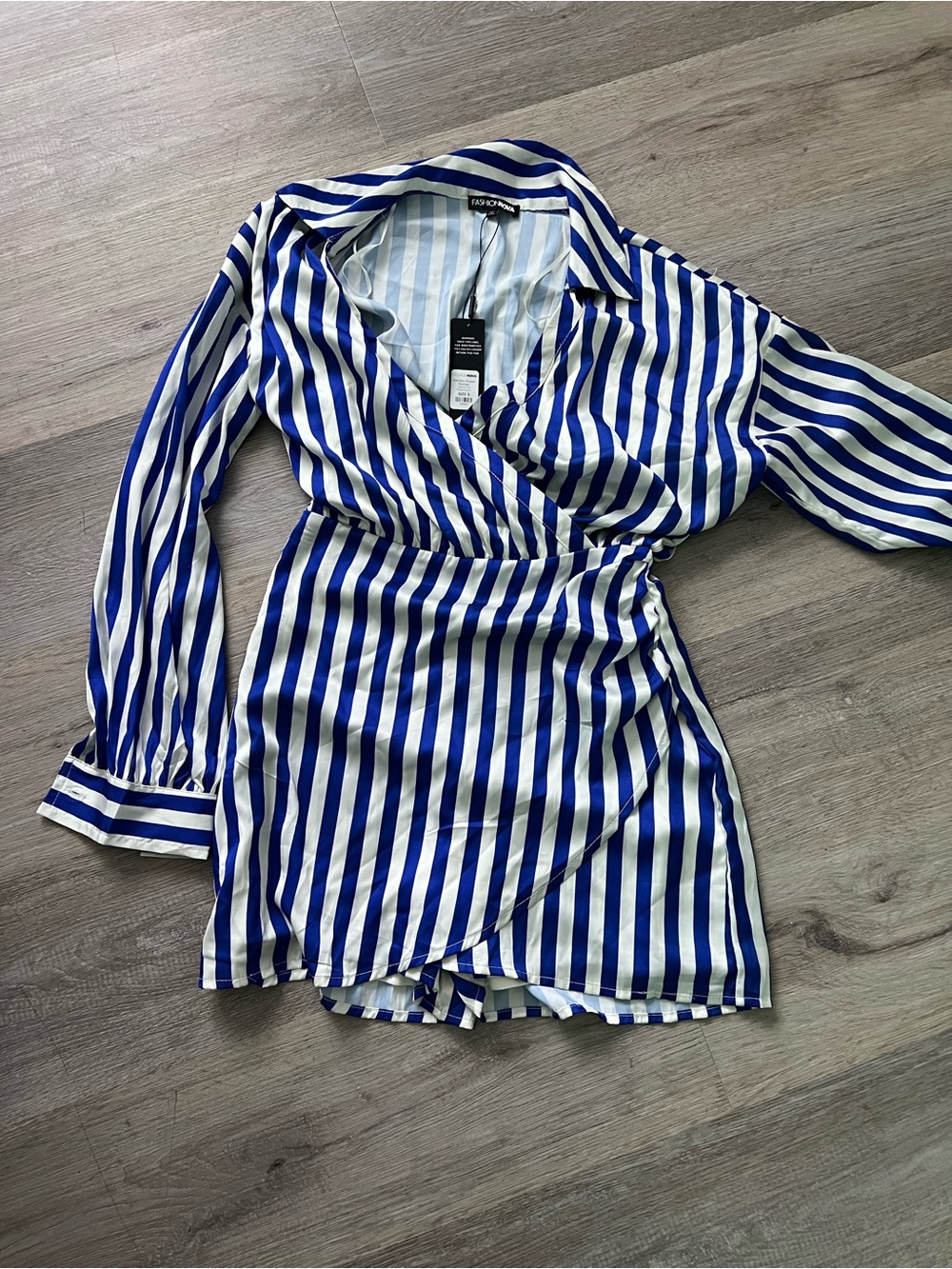 Fashion Nova Blue & White Striped Wrap Romper